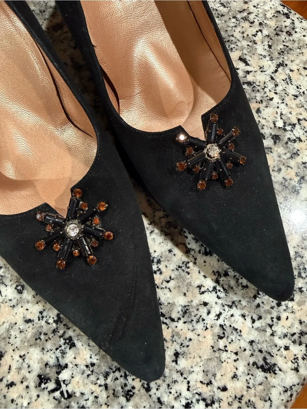 Valle Verde Italian Black Suede Embellished Kitten Heel Pumps - Women